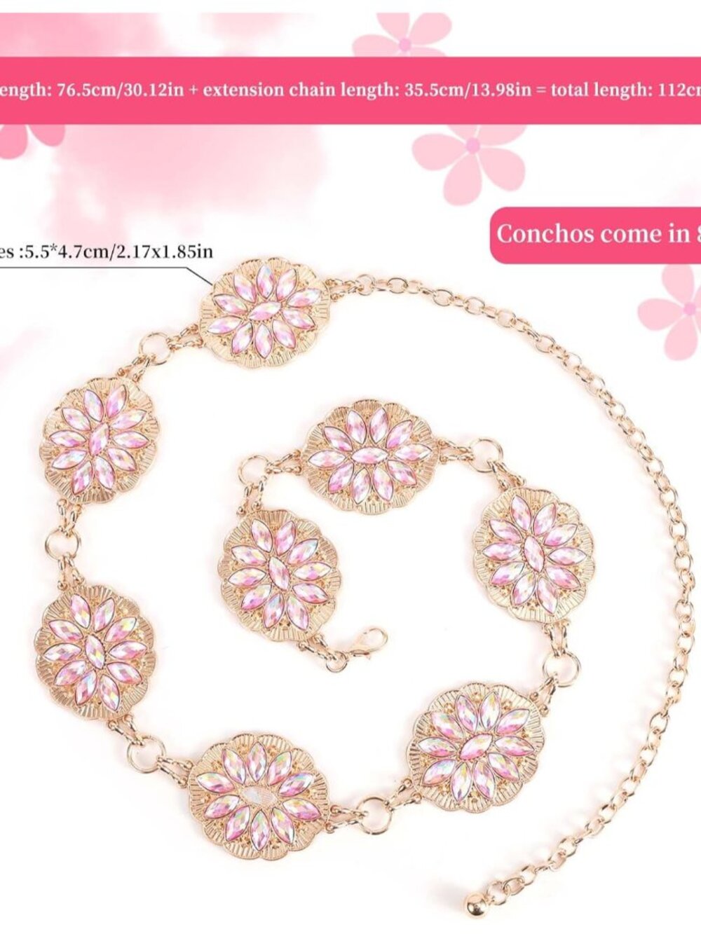 Concho Belt for Women, Bling Pink Rhinestone Western Cowgirl Waist Chain Belt Ad - Picture 2 of 7